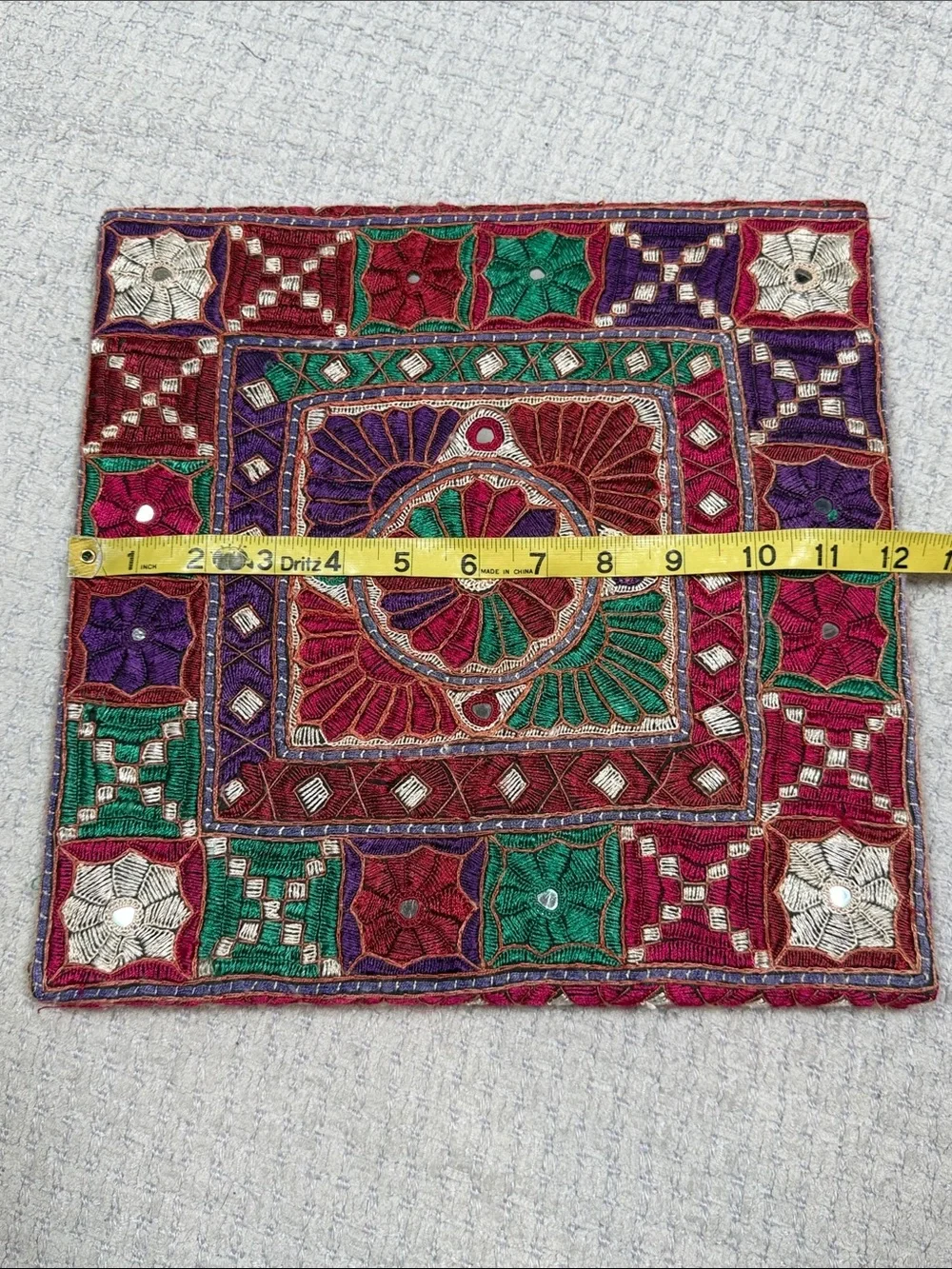 Vintage Tapestry Embroidered Mirrors Jewel Tones Crewel Square Wall Hanging